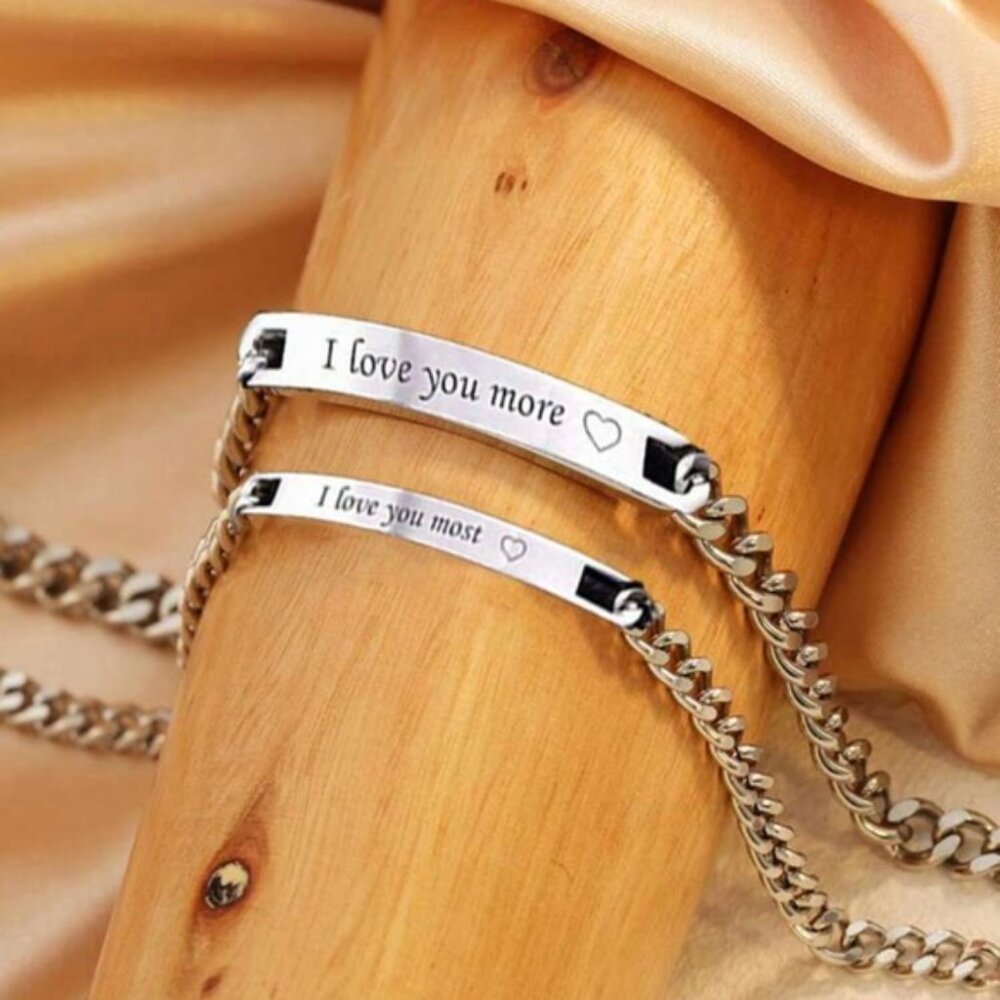 2pcs Set Simple Titanium Steel Engraved I Love You More\ I Love You Most Couple - Picture 5 of 5